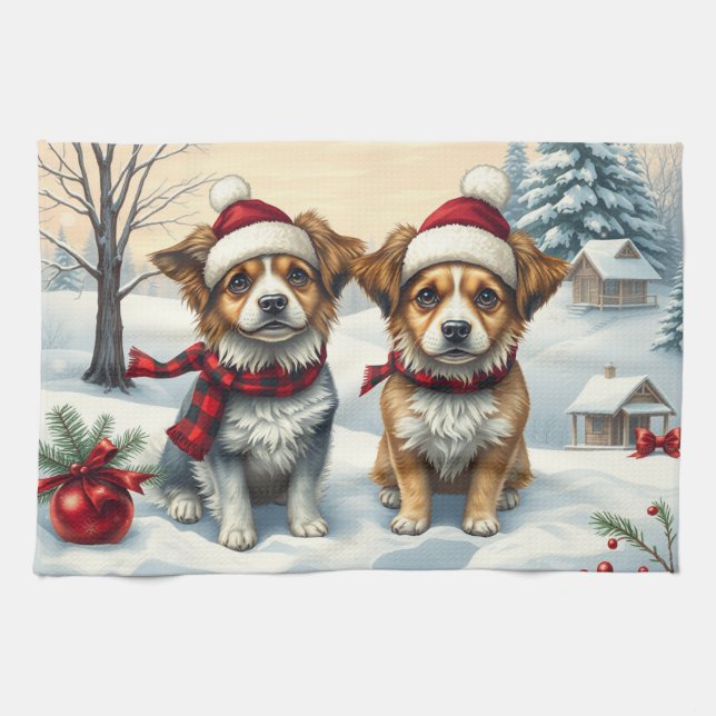 Little Dogs in Preppy Winter Attire and Hat Winter Tea Towel (Horizontal)