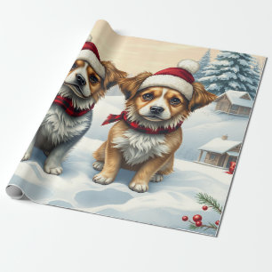 Little Dogs in Preppy Winter Attire and Hat Winter Wrapping Paper