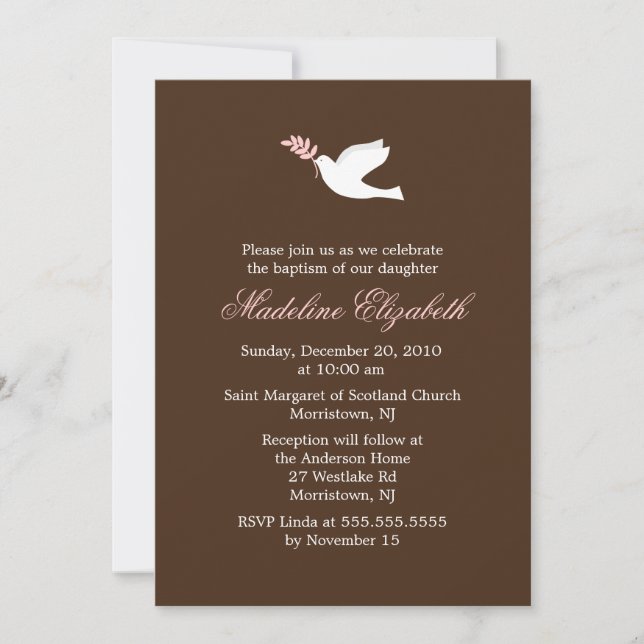 Little Dove Girl Christening and Baptism Invitation (Front)