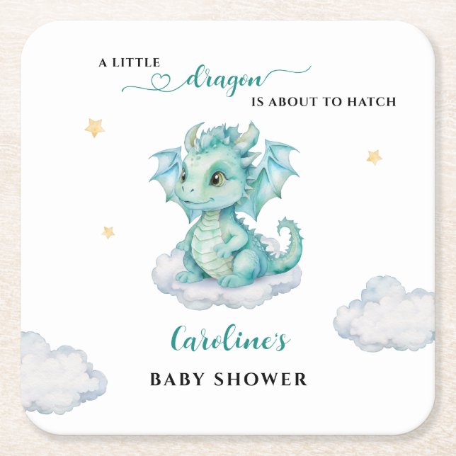 Little Dragon Baby Shower Square Paper Coaster (Front)