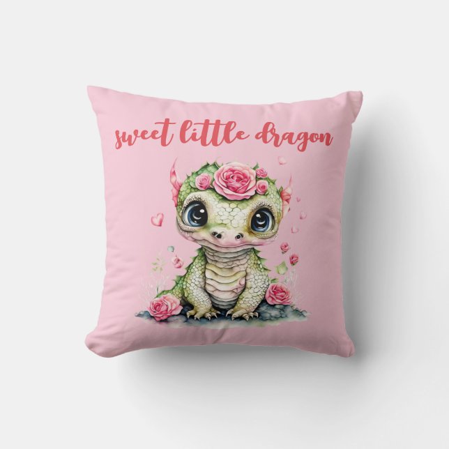 Little Dragon birth stat cute green watercolor Cushion (Front)