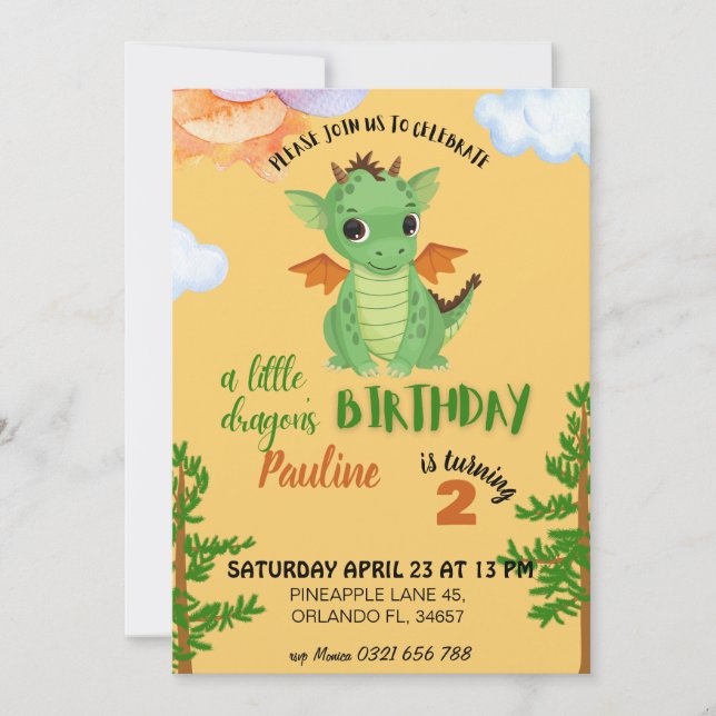 little Dragon Birthday Invite orange baby bday (Front)