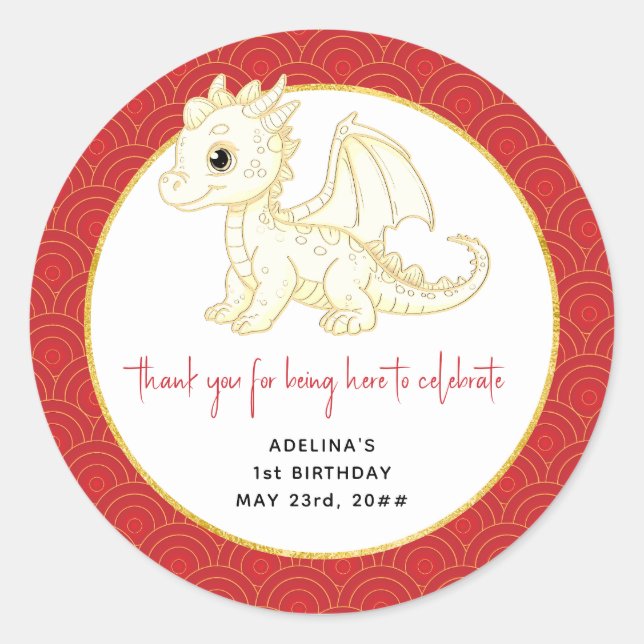 Little Dragon Cute Gold Red Baby 1st Birthday Classic Round Sticker (Front)
