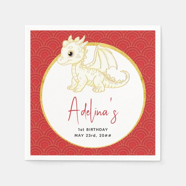 Little Dragon Cute Gold Red Baby 1st Birthday Napkin (Front)