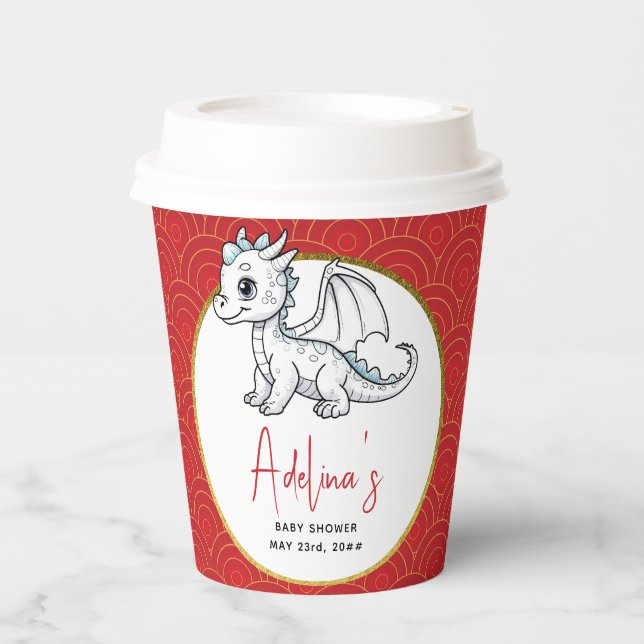 Little Dragon Is On The Way Cute Red Baby Shower Paper Cups (Front)