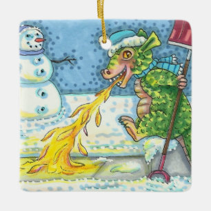 LITTLE DRAGON MELTING & SHOVELING SNOW, FUNNY CUTE CERAMIC ORNAMENT