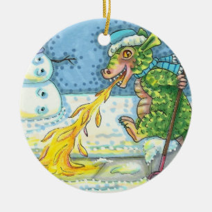 LITTLE DRAGON MELTING & SHOVELING SNOW, FUNNY CUTE CERAMIC TREE DECORATION