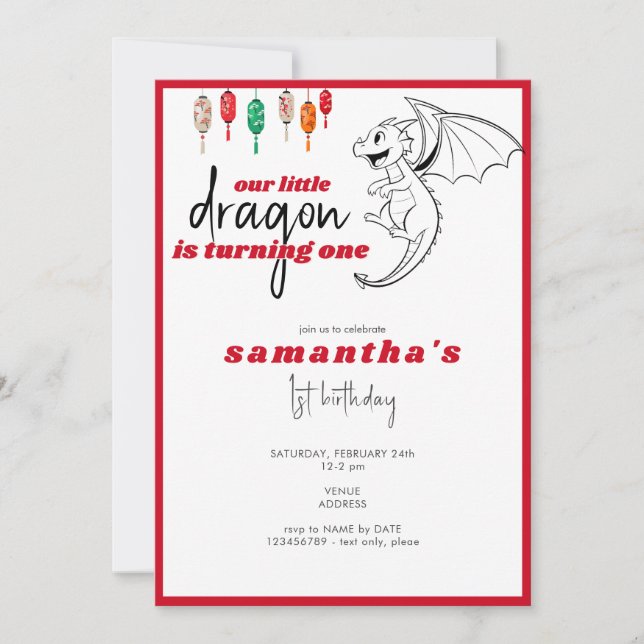 Little Dragon Red Baby Dragon 1st Birthday Party Invitation (Front)