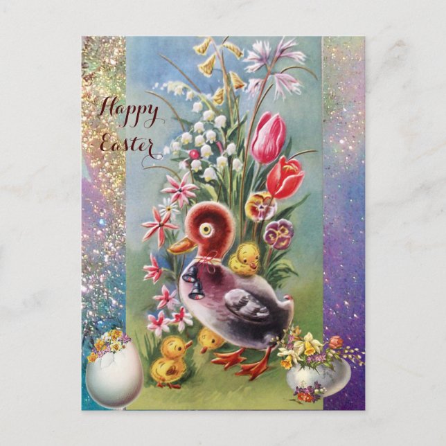 LITTLE DUCK,CHICKENS,EASTER EGGS WITH FLOWERS HOLIDAY POSTCARD (Front)