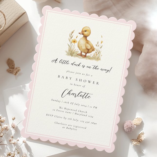 Little Duck Scallopped Baby Pink Girl Baby Shower Invitation (Creator Uploaded)