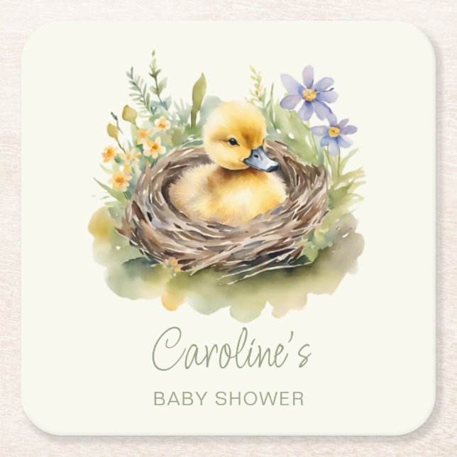 Little Duckling Duck Baby Shower Personalised Square Paper Coaster (Front)