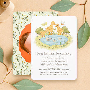Little Duckling Duck Fam Pond 1st Birthday Photo Invitation