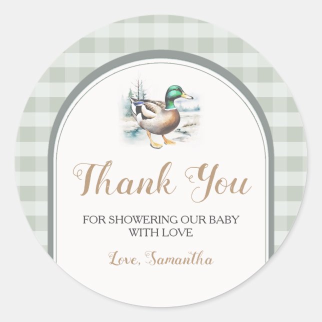 Little Duckling Gingham Baby Shower Thank You Classic Round Sticker (Front)