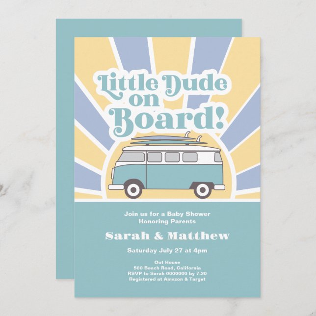 Little Dude on board retro baby shower Invitation (Front/Back)