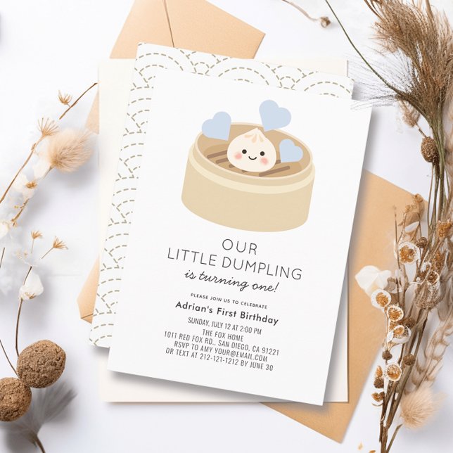 Little Dumpling Blue Boy 1st Birthday Invitation (Creator Uploaded)