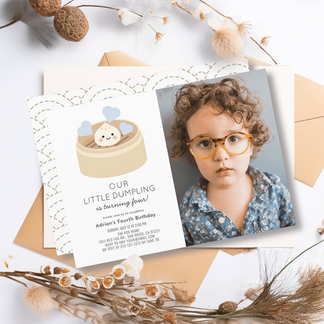 Little Dumpling Blue Boy Birthday Photo Invitation (Creator Uploaded)