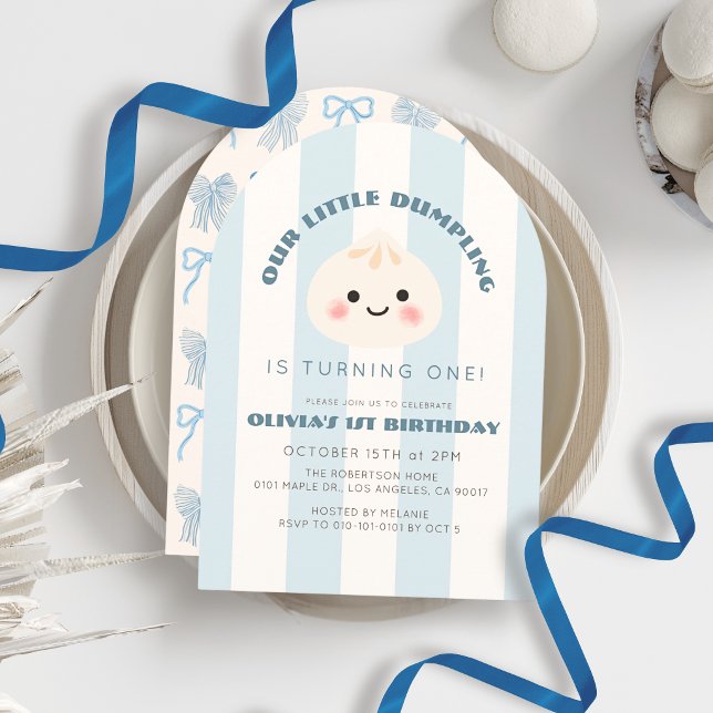 Little Dumpling Blue Stripes Boy 1st Birthday Invitation (Creator Uploaded)