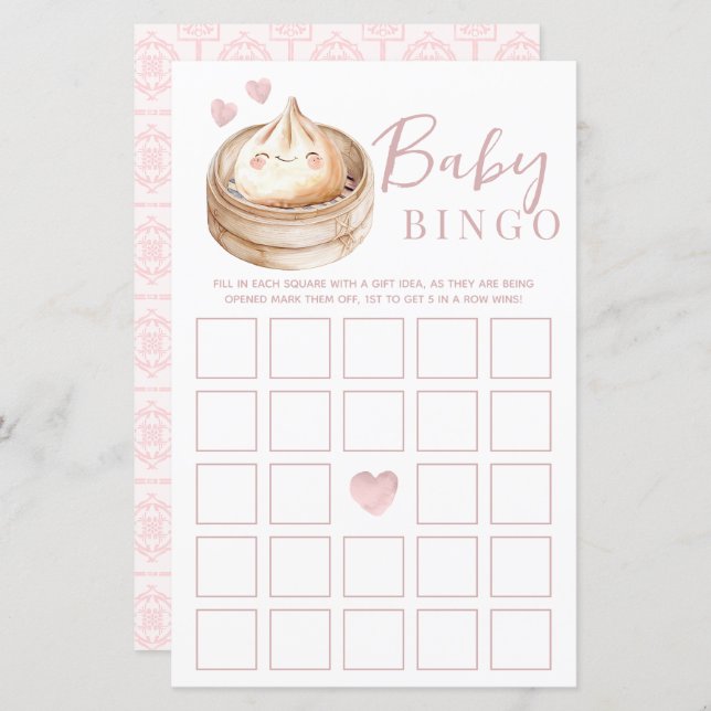 Little Dumpling Pink Baby Shower Bingo Game Card | (Front/Back)