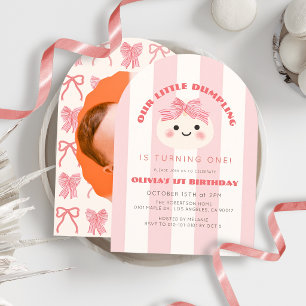 Little Dumpling Pink Bow Stripe Photo 1st Birthday Invitation