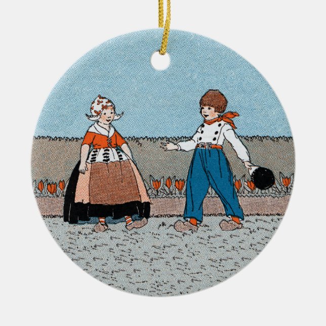 Little Dutch Girl Boy Wooden Shoes Red Tulips Ceramic Tree Decoration (Front)