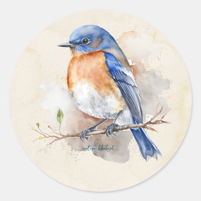 Little Eastern Bluebird Watercolor Classic Round Sticker (Front)