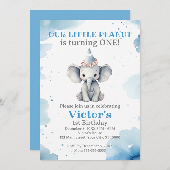 Little Elephant 1st Birthday Invitation (Front/Back)