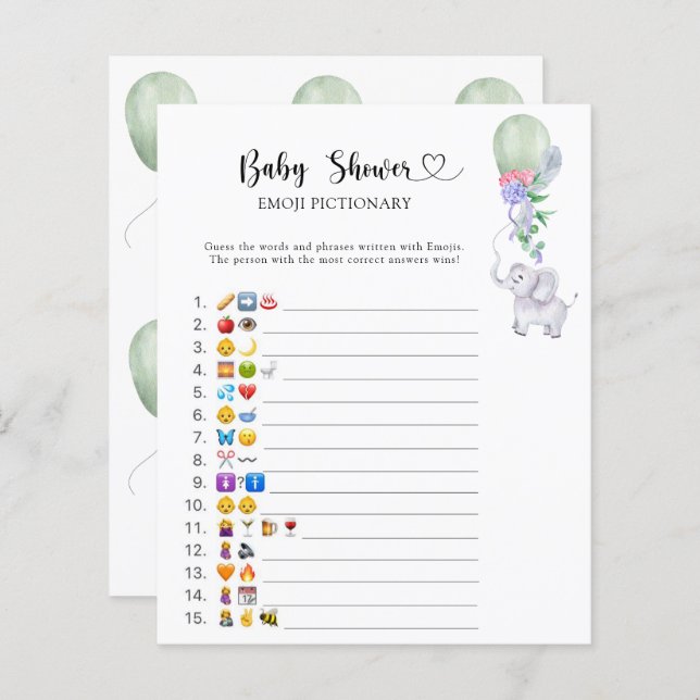 Little Elephant baby shower emoji pictionary game (Front/Back)