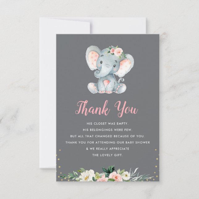 little elephant baby shower thank you card (Front)
