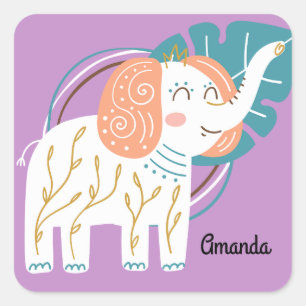 Little Elephant Boho Custom Name Square Sticker