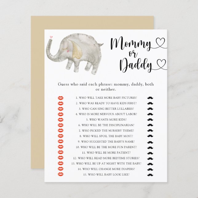 Little Elephant - mummy or daddy baby shower game (Front/Back)