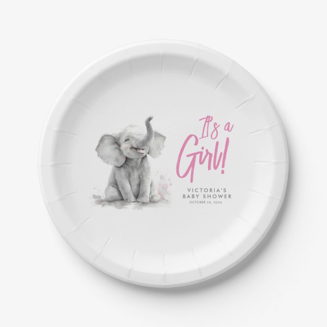 Little Elephant Pink It's a Girl Baby Shower Paper Plate (Front)