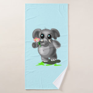 Little Elephant with Flower Blue Bath Towel