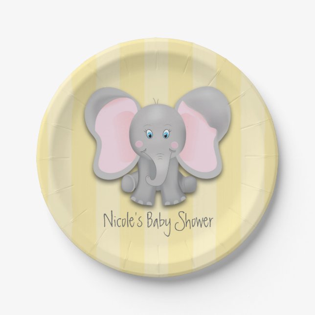 Little Elephant Yellow Baby Shower Party Paper Plate (Front)