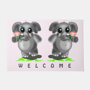 Little Elephants with Flower Doormat Welcome