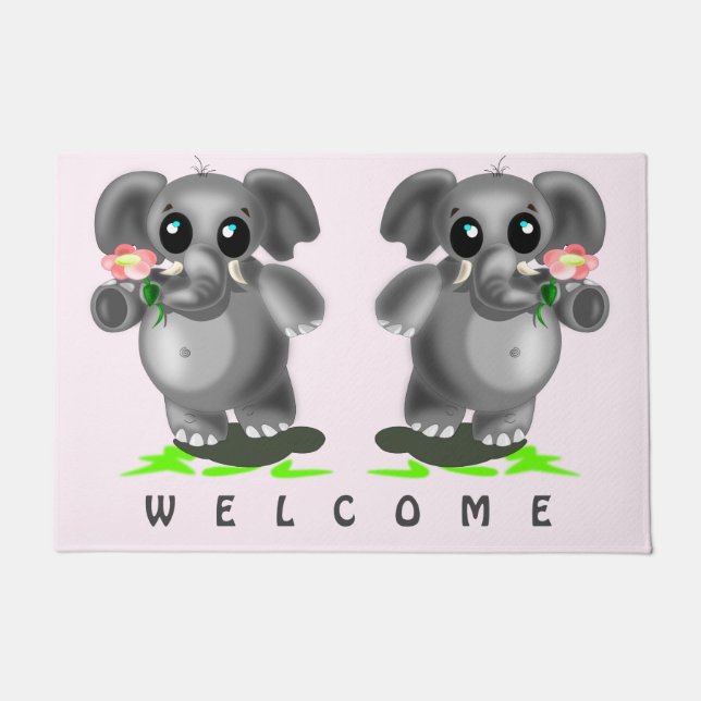 Little Elephants with Flower Doormat Welcome (Front)