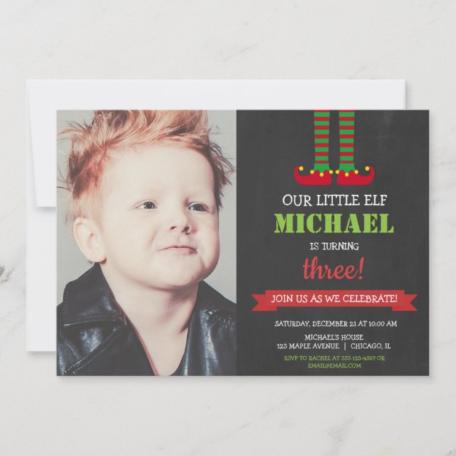 Little Elf cute Christmas Birthday Party photo Invitation (Front)