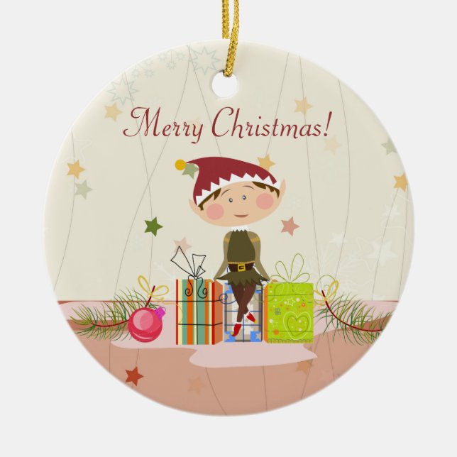 Little Elf-Girl and Christmas Presents Ceramic Tree Decoration (Front)