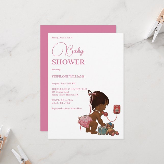 "Little Ethnic Girl Calling" Baby Shower Invitation (Front/Back In Situ)