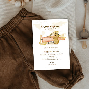 Little Explorer Bear Map Airplane Baby Shower Invitation