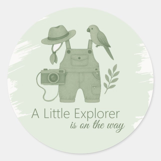 Little Explorer Is On The Way Baby Shower Classic Round Sticker (Front)