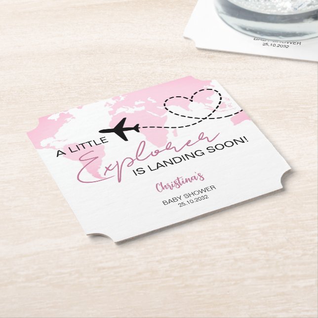 Little Explorer World Map Pink Baby Shower Paper Coaster (Angled)