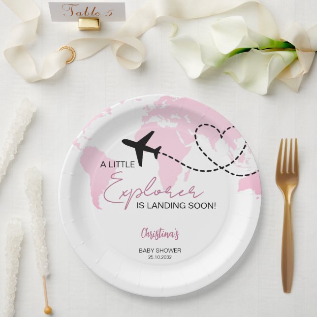 Little Explorer World Map Pink Baby Shower Paper Plate (Wedding)