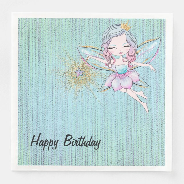 Little Fairies in Pink and Blue Birthday Napkin (Front)