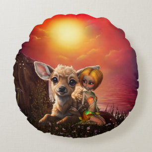 Little fairy and the cute fawn.  round cushion