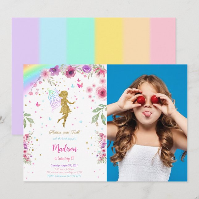 Little Fairy Birthday Party Invitation With Photo (Front/Back)