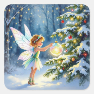 Little Fairy Decorating Christmas Trees Square Sticker