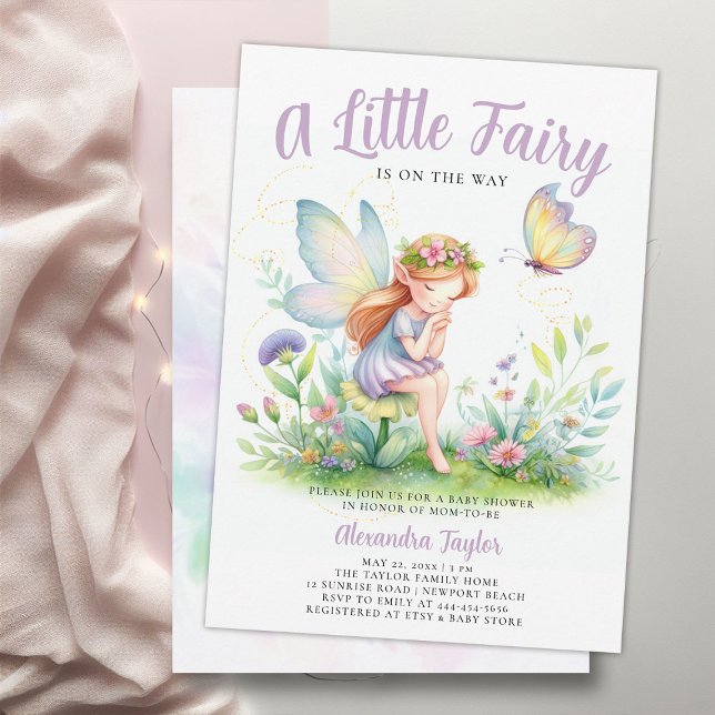 Little Fairy Enchanted Butterfly Baby Girl Shower Invitation (a little fairy girl baby shower invitation enchanted forest garden magical butterfly purple pink)