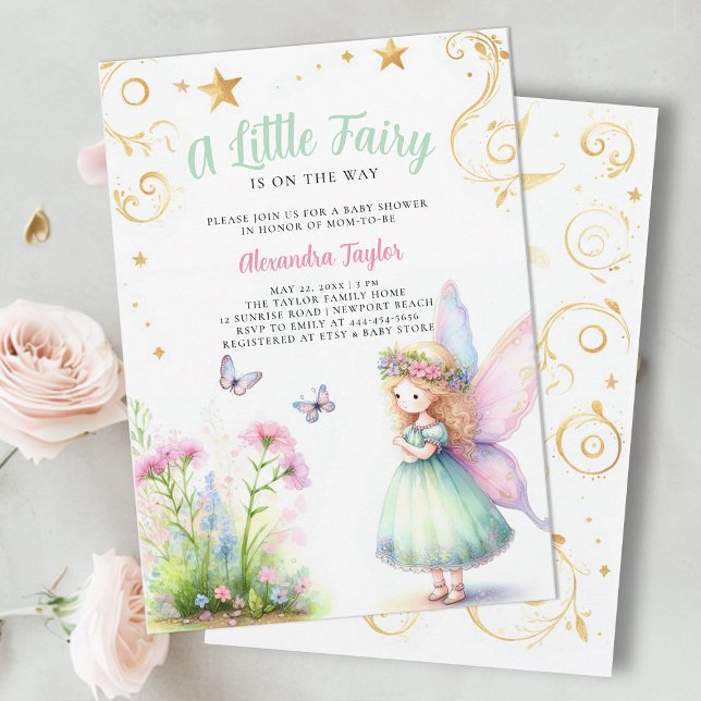Little Fairy Enchanted Garden Baby Girl Shower Invitation (a little fairy girl baby shower invitation enchanted forest garden magical butterfly gold sparkle)