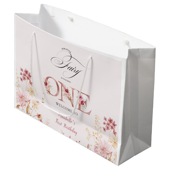 Little Fairy Floral Garden First Birthday  Large Gift Bag (Front Angled)