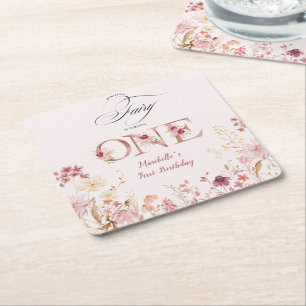 Little Fairy Floral Garden First Birthday Square Paper Coaster